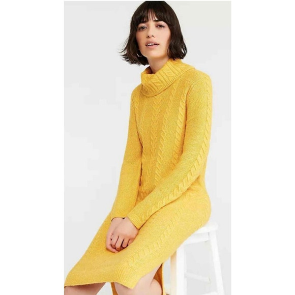 Ann Taylor Cable Knit Sweater Dress Medium Turtleneck Golden Yellow NWT - Picture 10 of 10